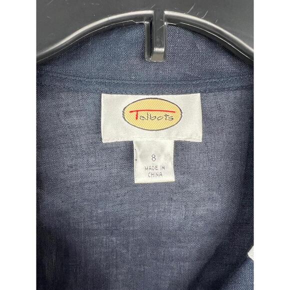 Talbots Ruffle Front Blue Linen Blouse 3/4 Sleeves Contrast Trim Womens Size 8 - Picture 8 of 12